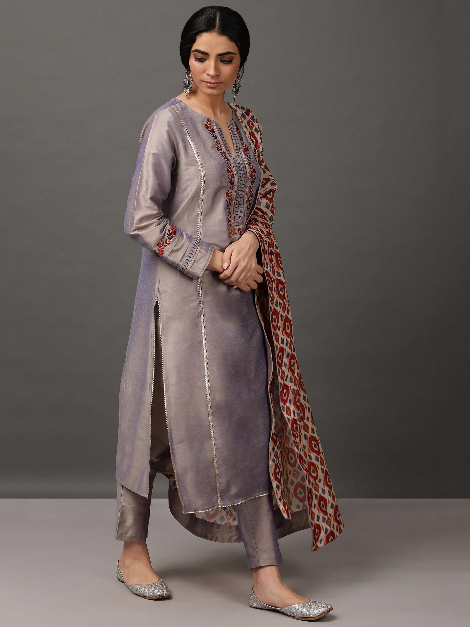 Grey PST Straight Kurta & Pant With Dupatta