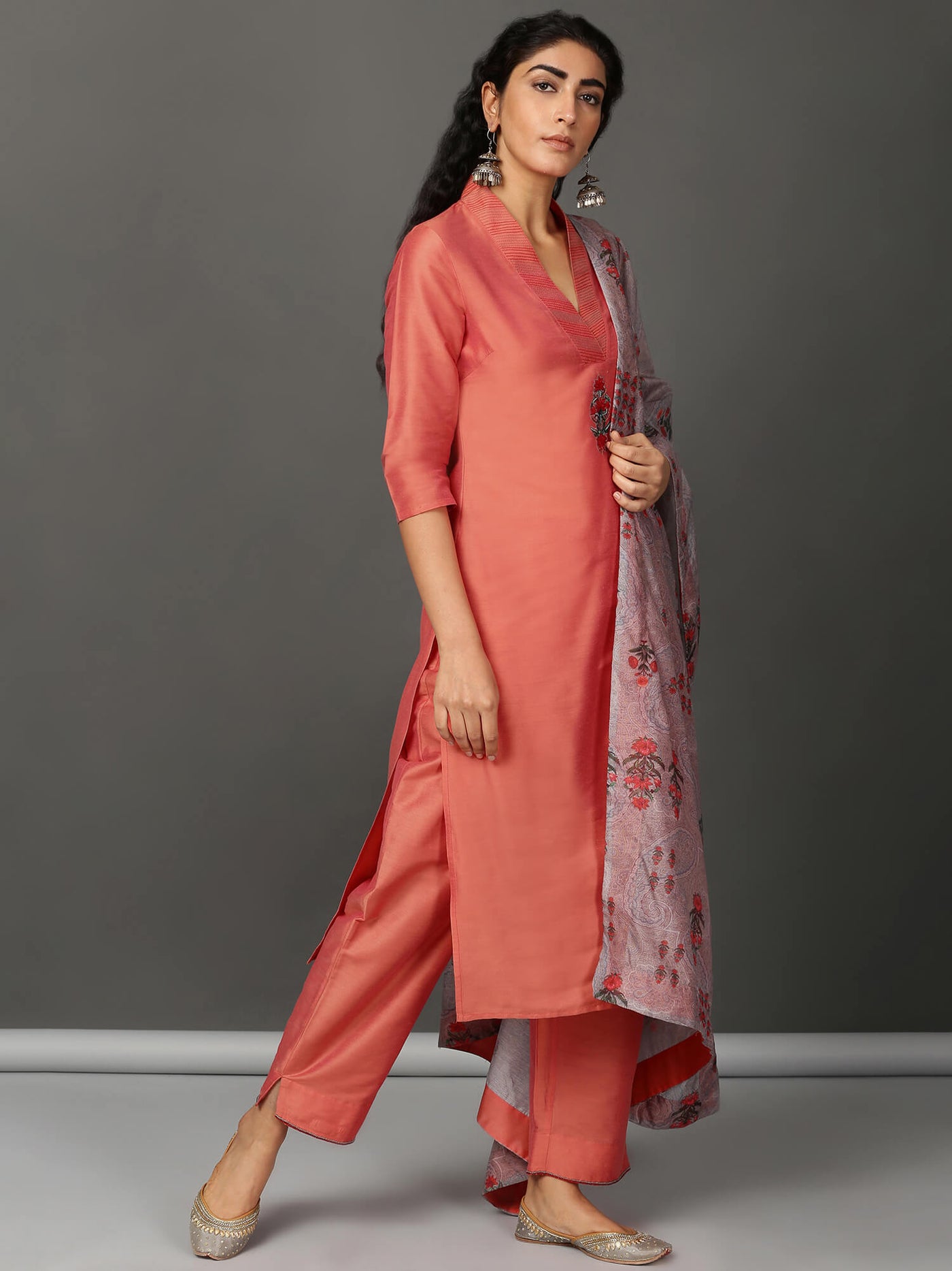 Peach Art Silk Suit Kurta, Pants & Dupatta Set