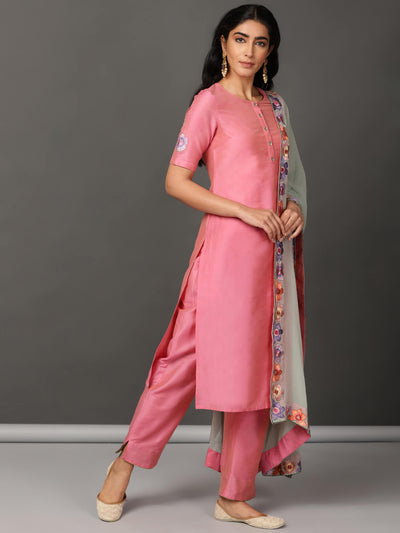 Pink Art Silk Kurta, Pants & Dupatta Set