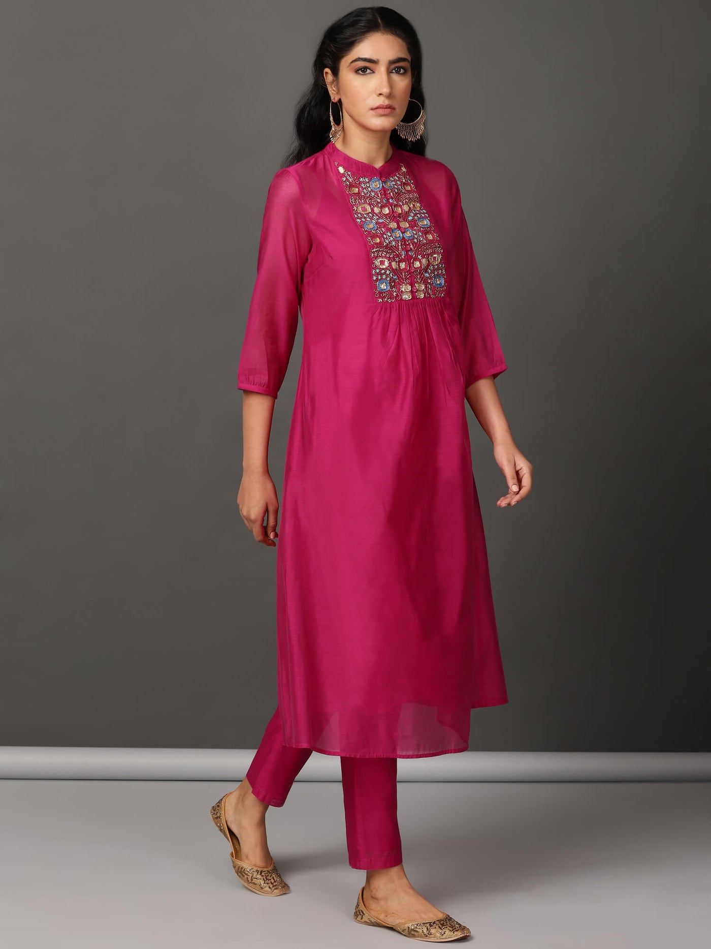 Fuchsia Pleated Chanderi Kurta & Pants Set