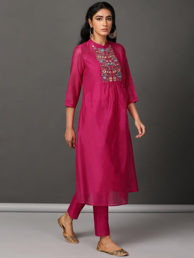 Fuchsia Pleated Chanderi Kurta & Pants Set