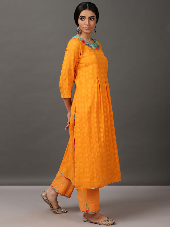 Orange Jacquard Kurta & Pant With Hand Embroidery