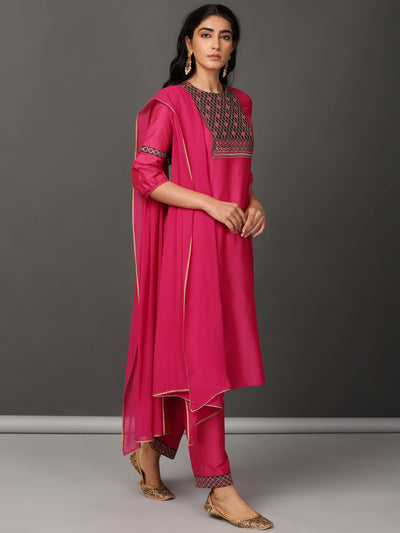 Fuchsia Art Silk Kurta & Pants Set