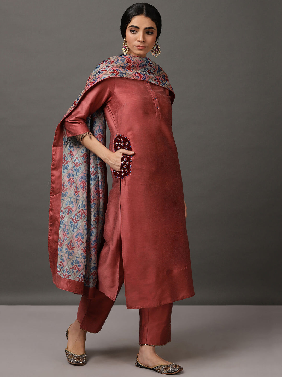 Pink Melange Kurta & Pant With Dupatta