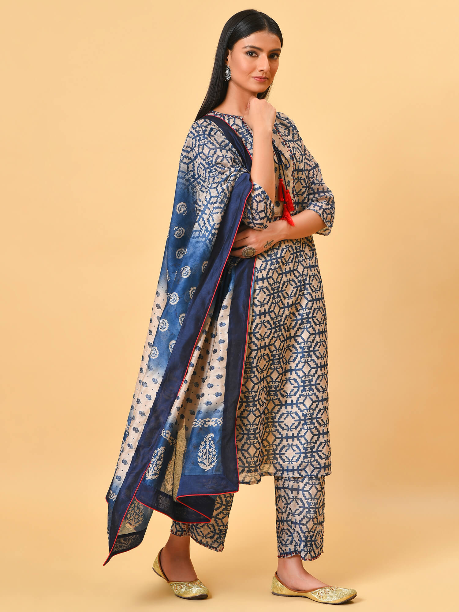 True and not so blue in the chanderi kurta pant and dupatta