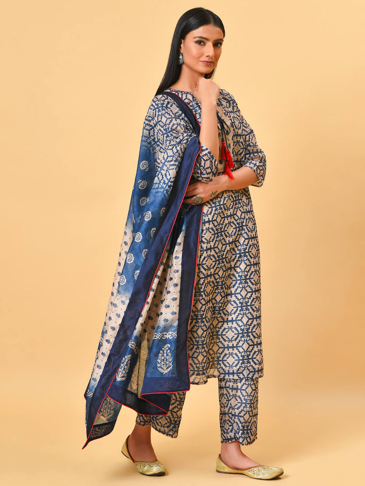 True and not so blue in the chanderi kurta pant and dupatta