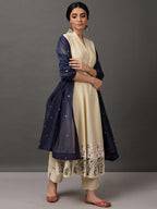 Off White Art Silk Kurta With Pant & Dupatta