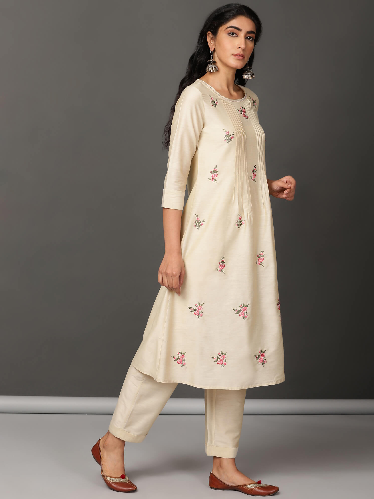 Ivory Beige Floral Embroidered Art Silk Kurta Set