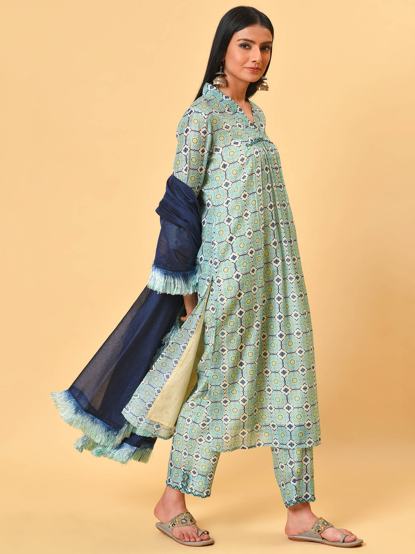 Printed Chanderi Kurta- Pant & Dupatta Set