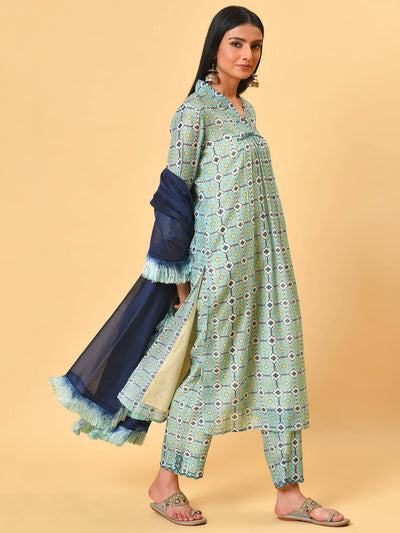 Printed Chanderi Kurta- Pant & Dupatta Set
