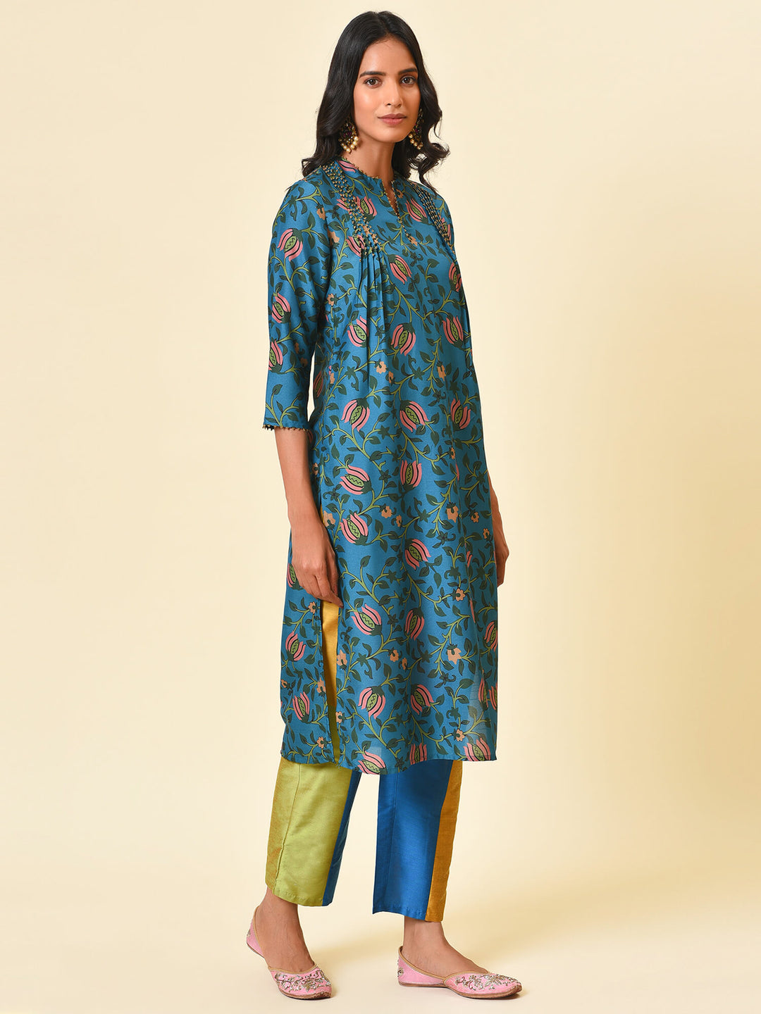 Carefree and colourful printed kurta with colour block pant