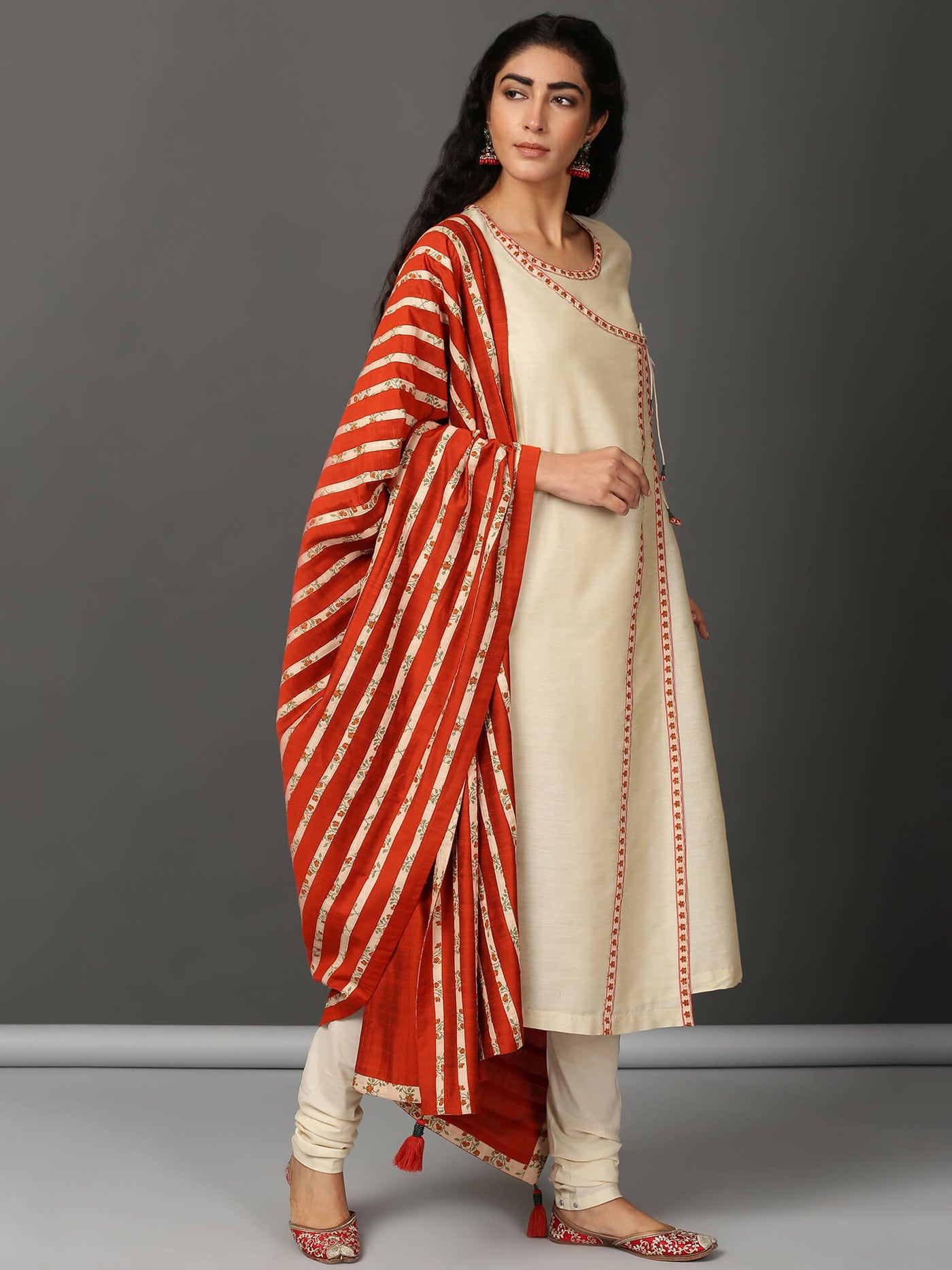 Off White Art Silk Angrakha Churidar & Dupatta Set