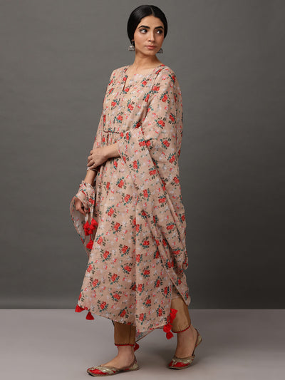 Beige Ecru Ditsy Print Chanderi Kurta And Pant With Dupatta & Inner