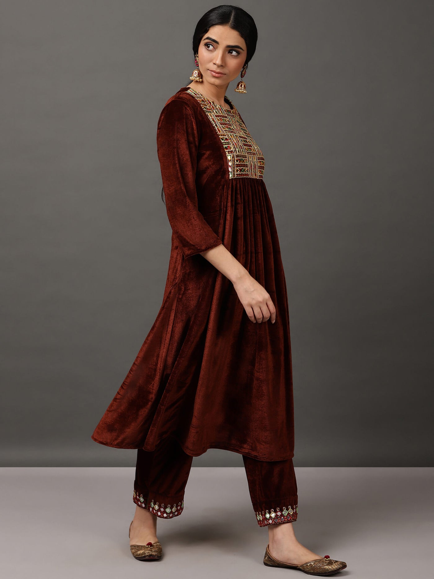Toasted Coconut Velvet Embroidery Kurta With Pant