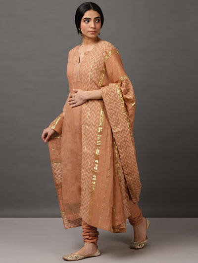Beige Kalidaar Kurta With Churidar & Inner With Dupatta