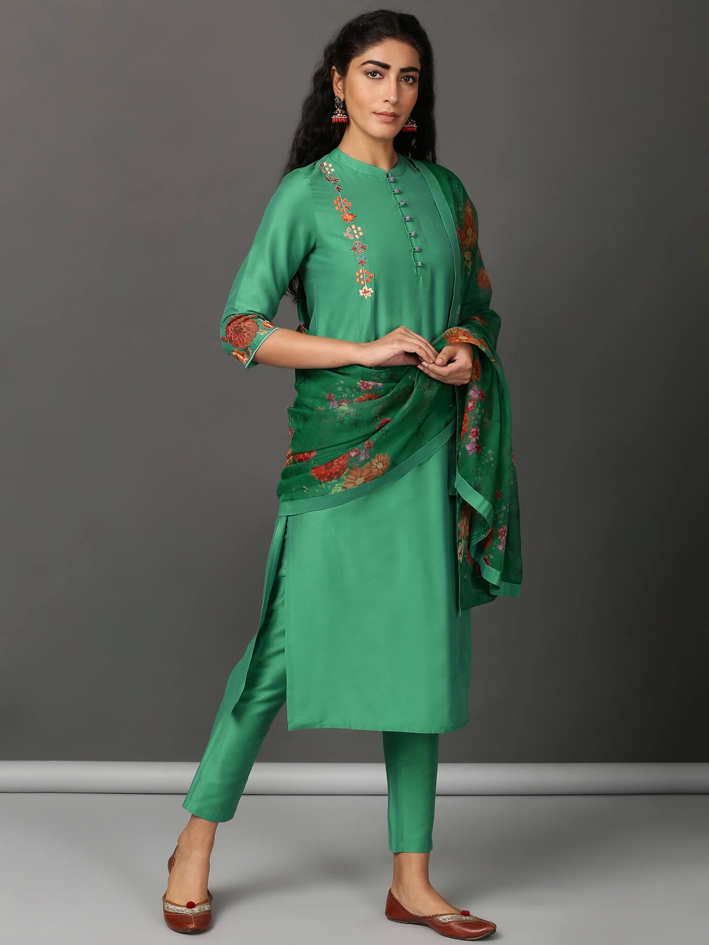 Green Art Silk Kurta, Pants & Dupatta Set