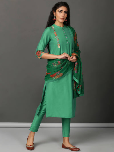 Green Art Silk Kurta, Pants & Dupatta Set