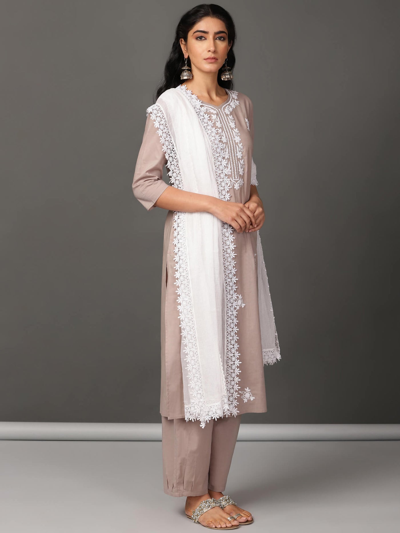 Grey Cotton Kurta, Pants & Dupatta Set