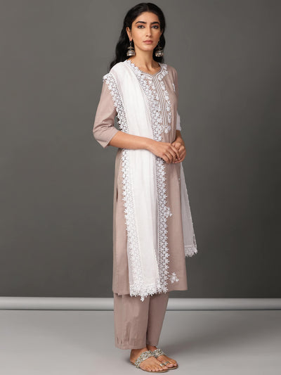 Grey Cotton Kurta, Pants & Dupatta Set