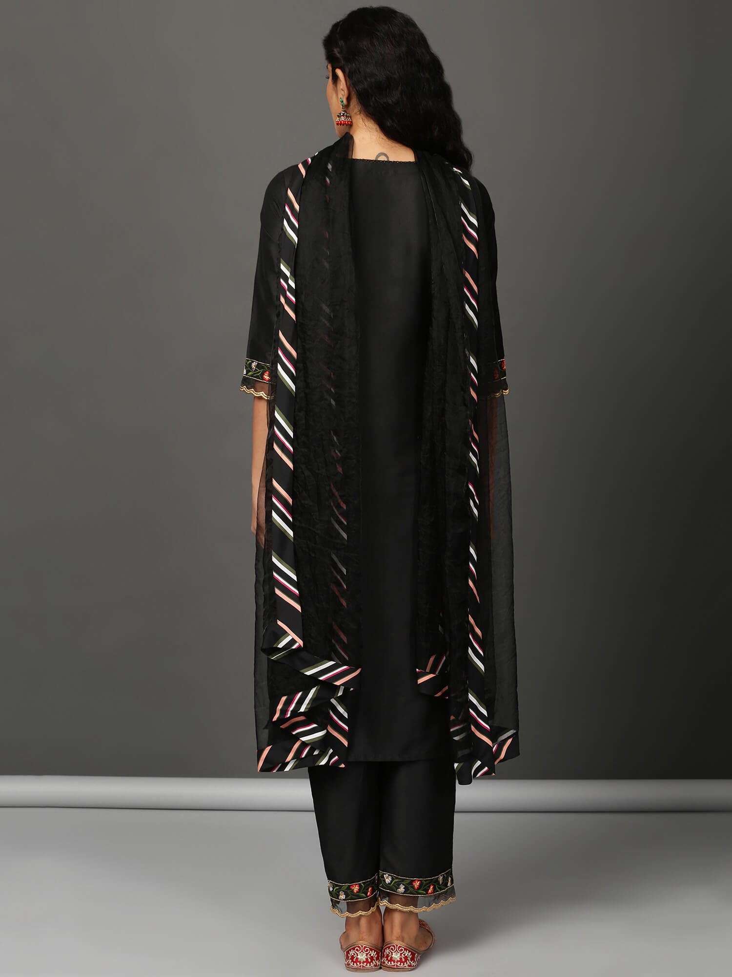 Black Art Silk Kurta Set  with Organza Dupatta