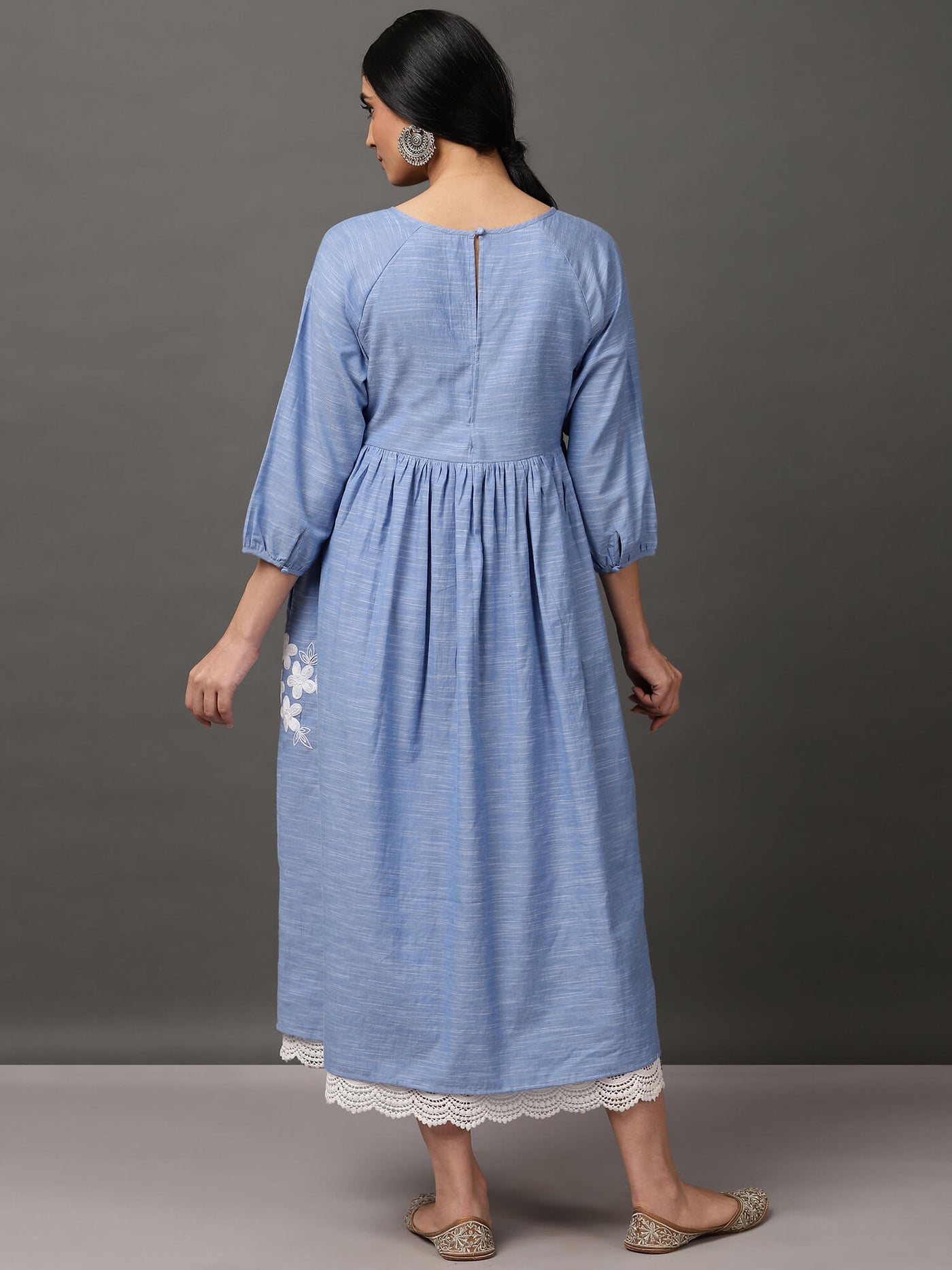 Blue Chambray cotton comfort dress with pockets and lace.