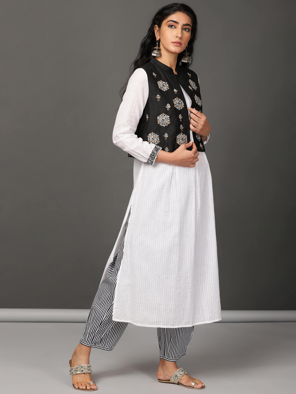 White Pleated Kurta, Pants & Jacket Set