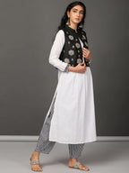 White Pleated Kurta, Pants & Jacket Set
