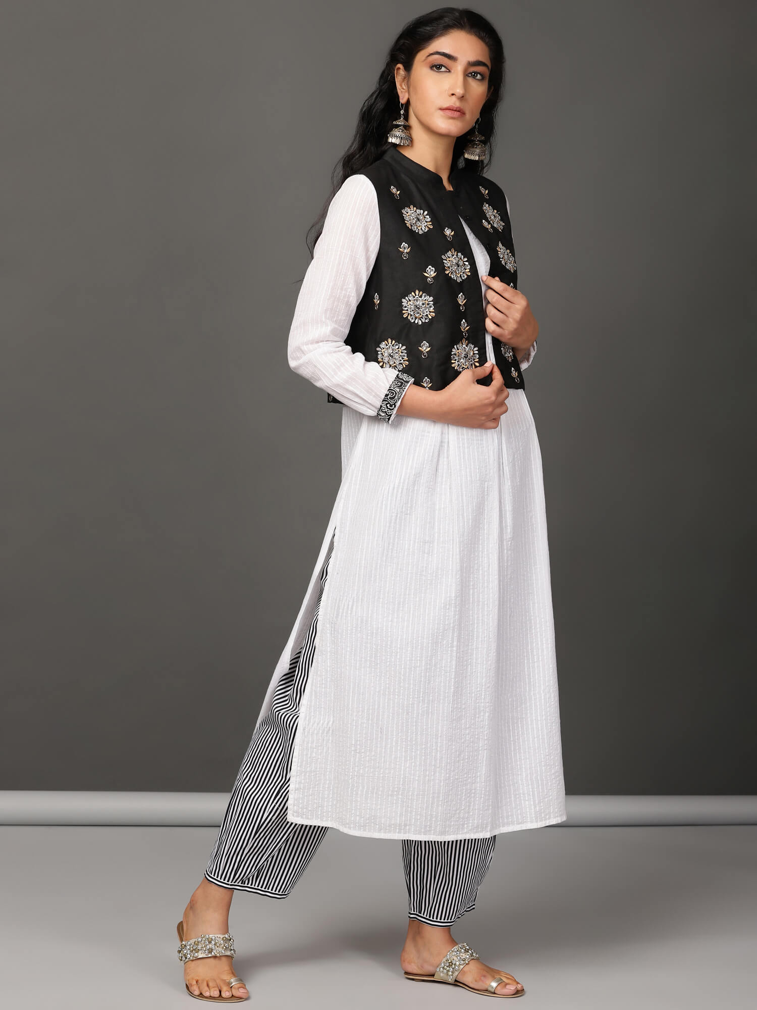 White Pleated Kurta, Pants & Jacket Set