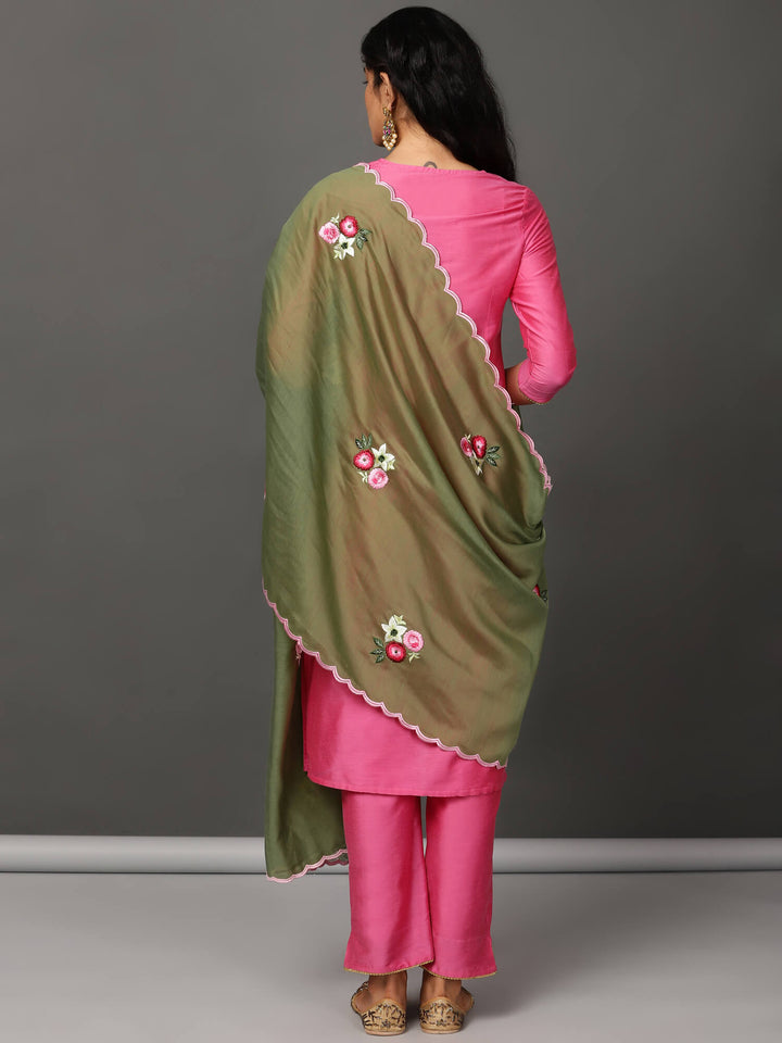 Pink Art Silk Kurta with pants and Olive Chanderi dupatta.