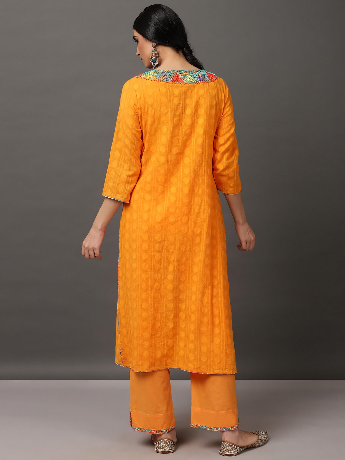 Orange Jacquard Kurta & Pant With Hand Embroidery