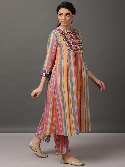 Multi-Color Stripe Chanderi Kurta And Pant With Camisole