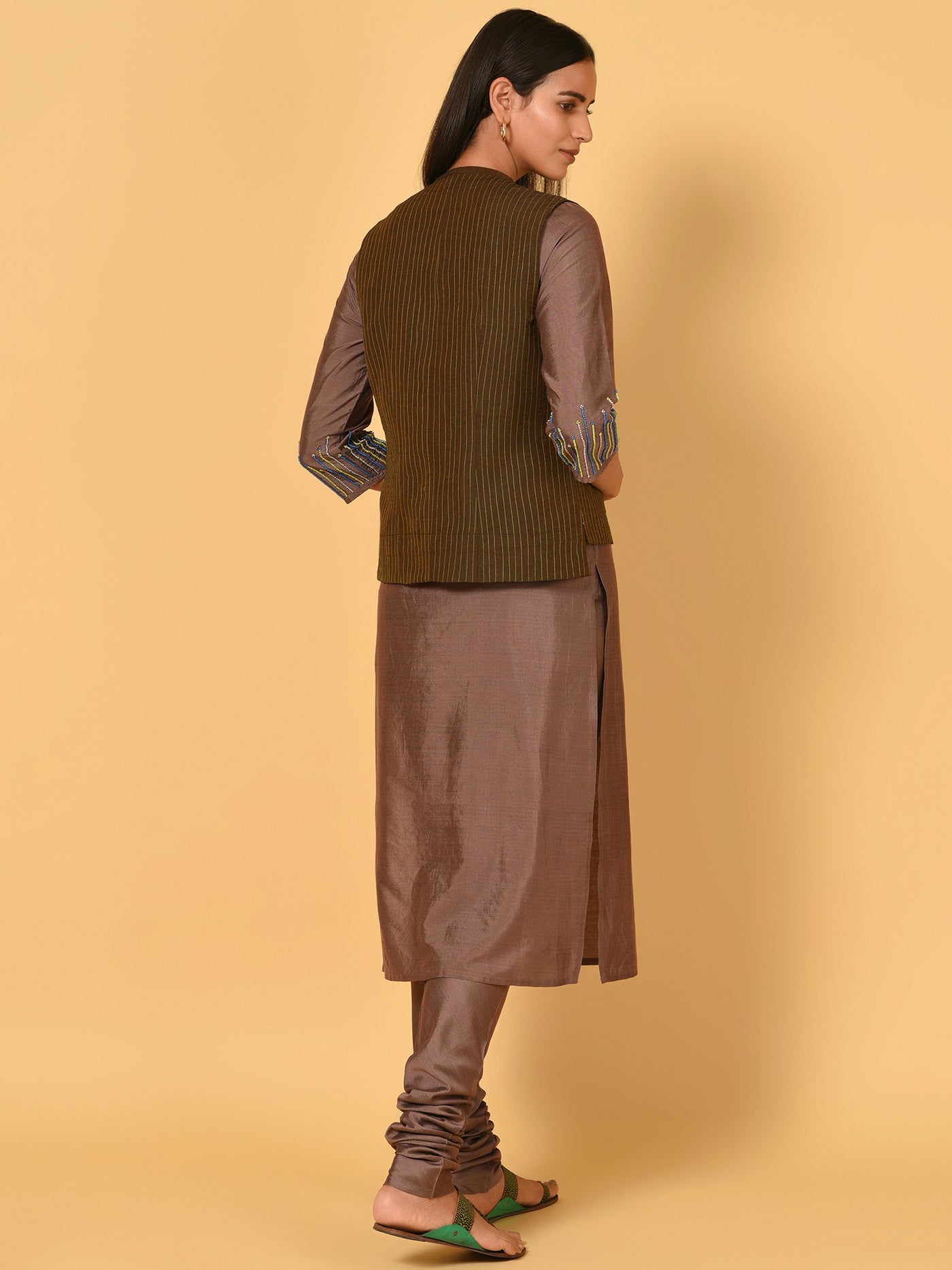 Classy straight Brown and Green Kurta churidar and jacket set