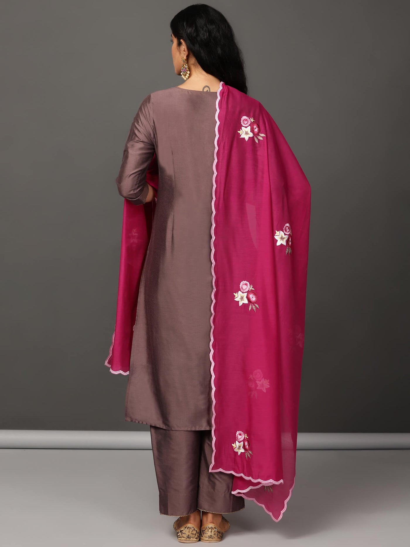 Brown Art Silk Kurta, Pants & Dupatta Set