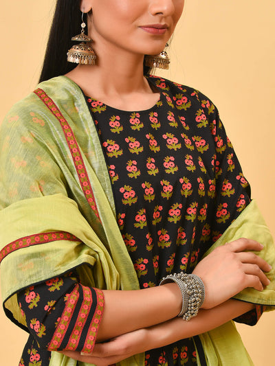 A Cherry black printed kurta with a black pant and Lime green chanderi dupatta