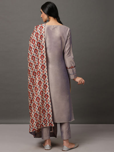 Grey PST Straight Kurta & Pant With Dupatta