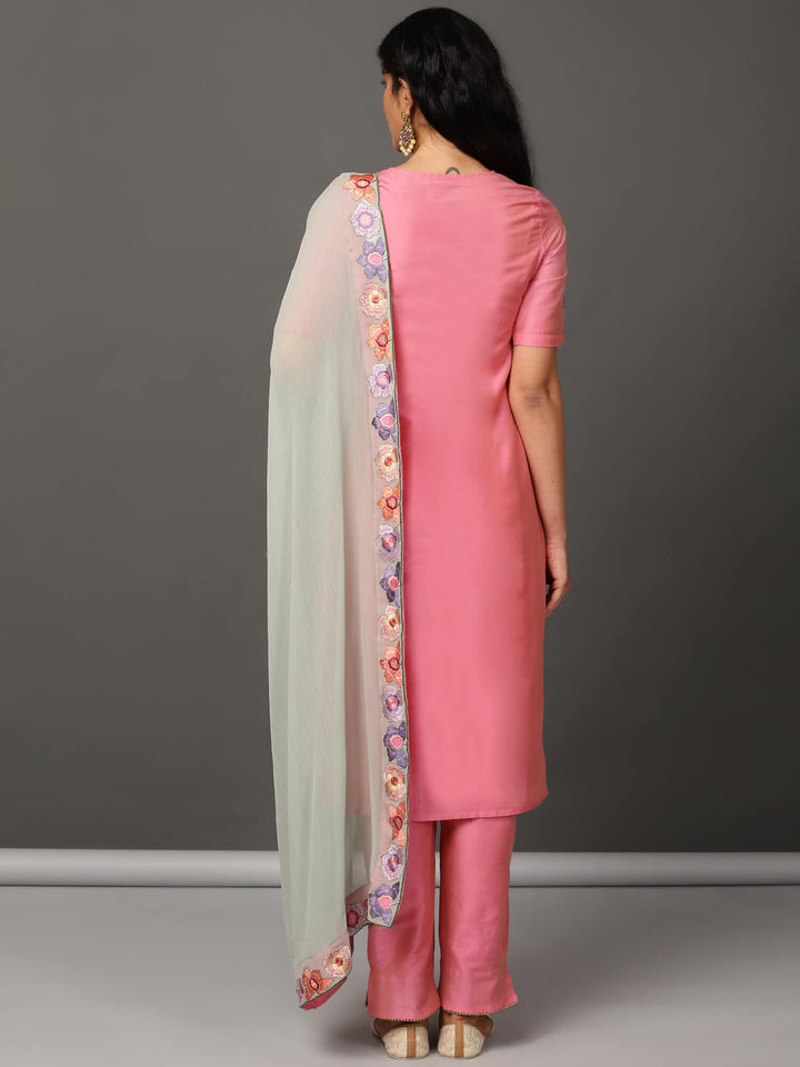 Pink Art Silk Kurta, Pants & Dupatta Set