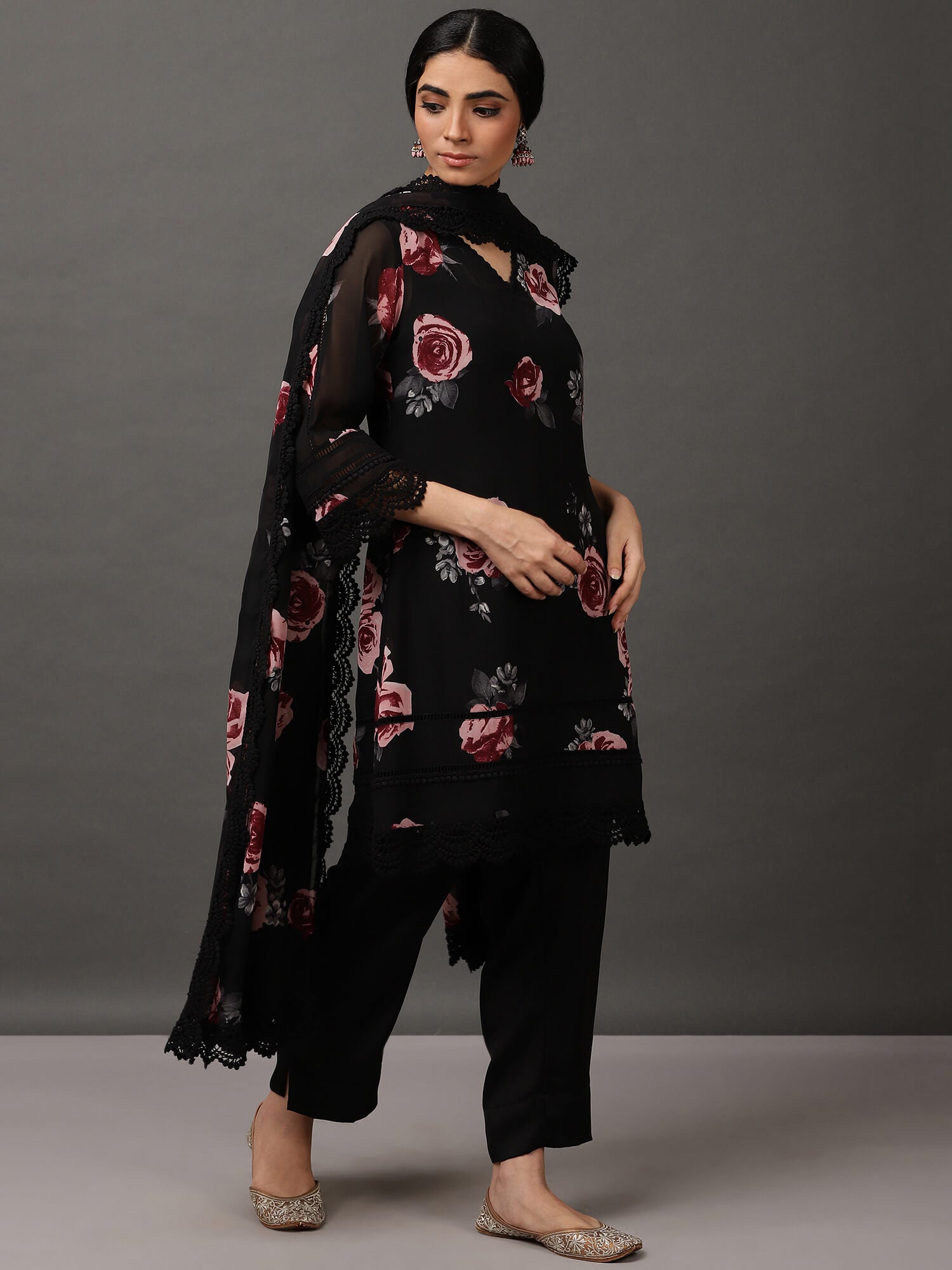 Black Short Floral Georgette Kurta Set