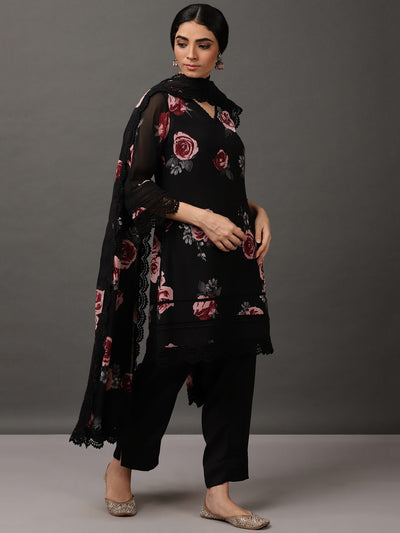 Black Short Floral Georgette Kurta And Pant With Dupatta & Camisole
