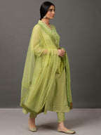 Lime Green Solid Kalidar Chanderi Kurta And Pant With Dupatta & camisole