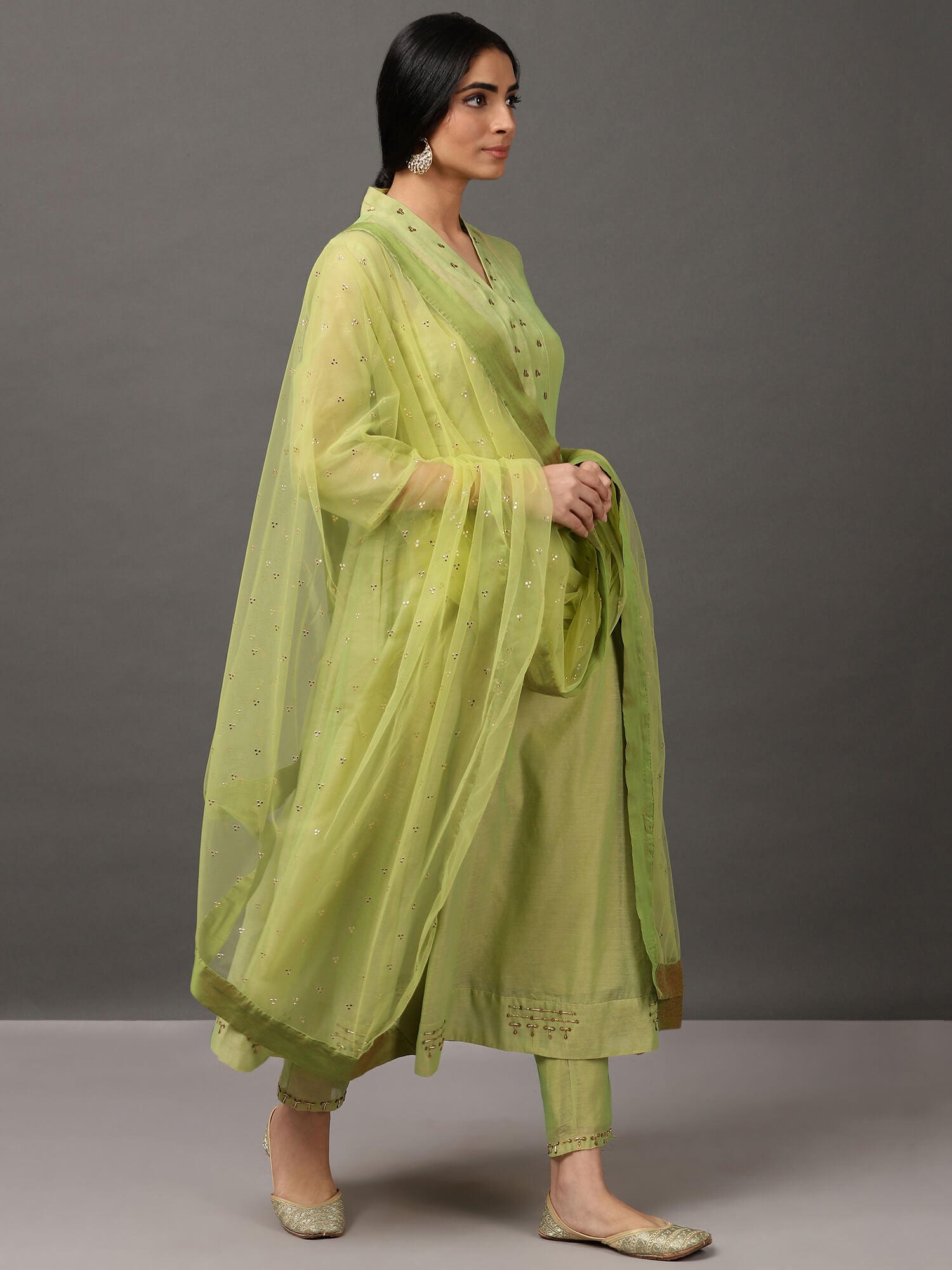 Lime Green Solid Kalidar Chanderi Kurta And Pant With Dupatta & camisole