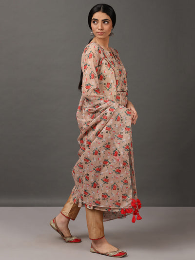 Beige Ecru Ditsy Print Chanderi Kurta And Pant With Dupatta & Inner