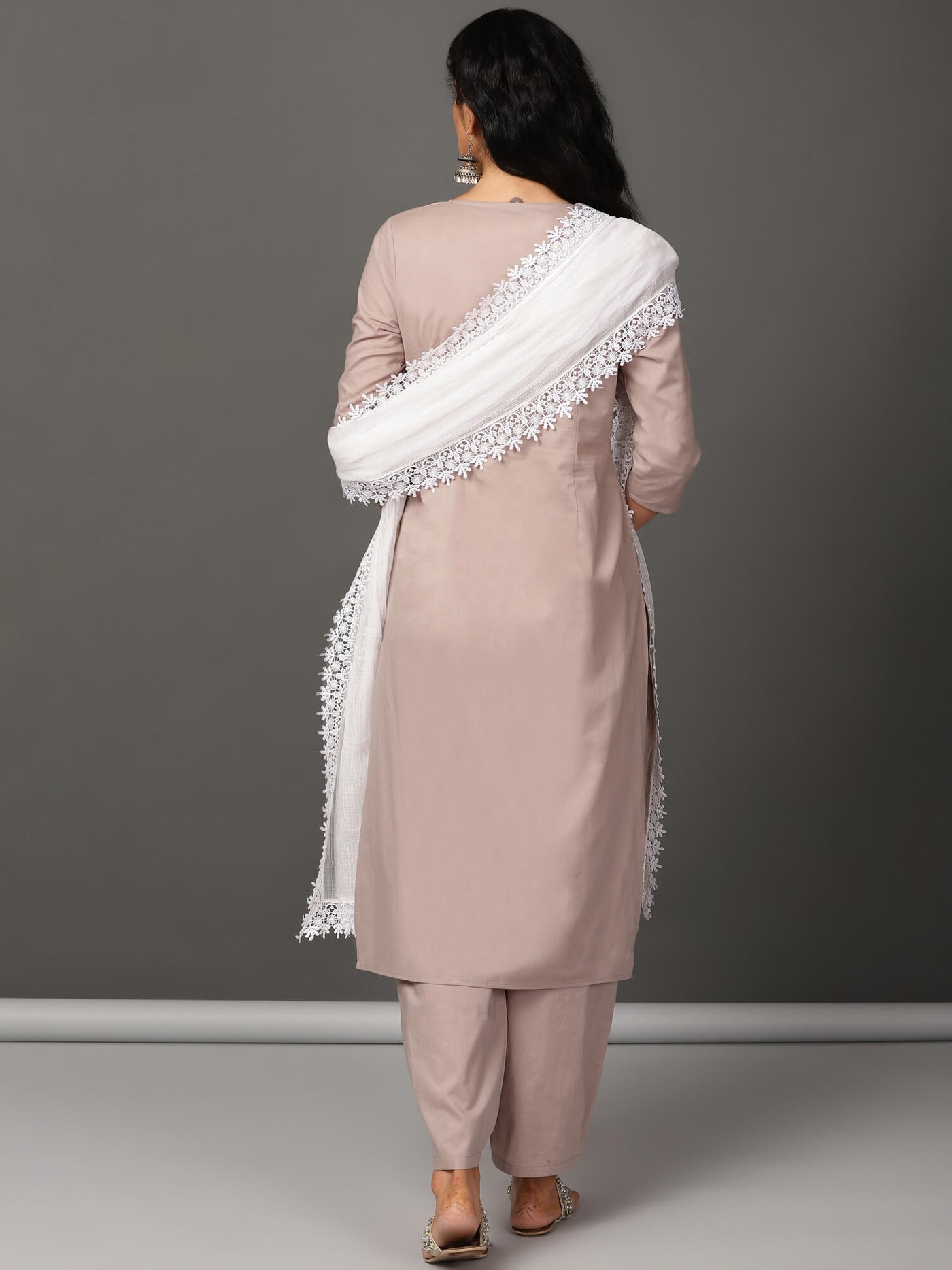 Grey Cotton Kurta, Pants & Dupatta Set