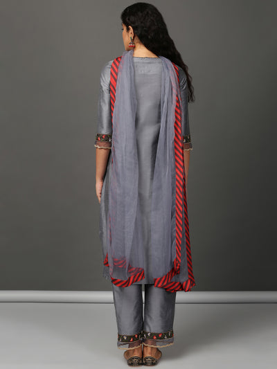 Grey Art Silk Kurta, Pants & Organza Dupatta Set
