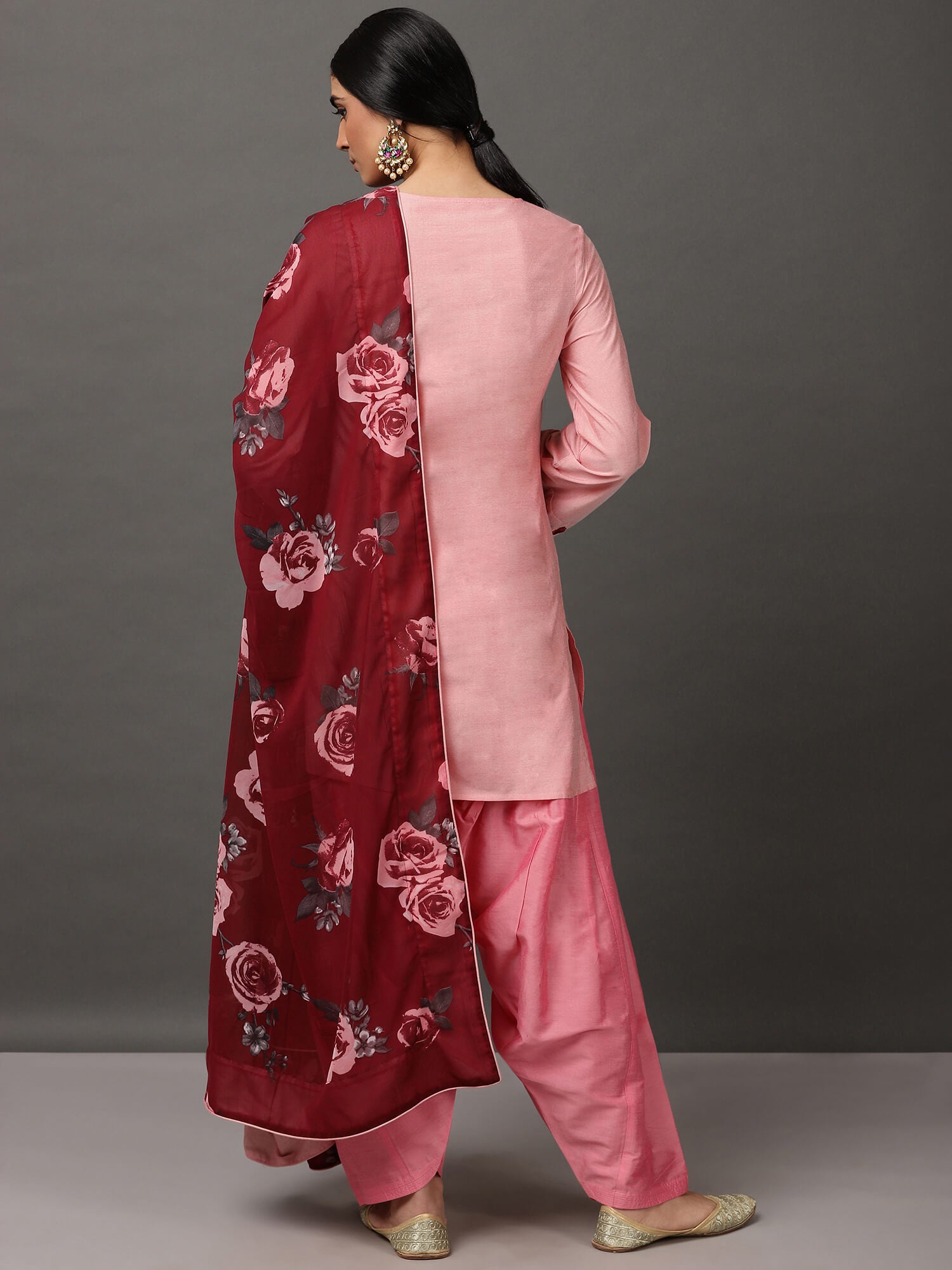 Light Pink Art Silk Short Kurta With Salwar & Dupatta