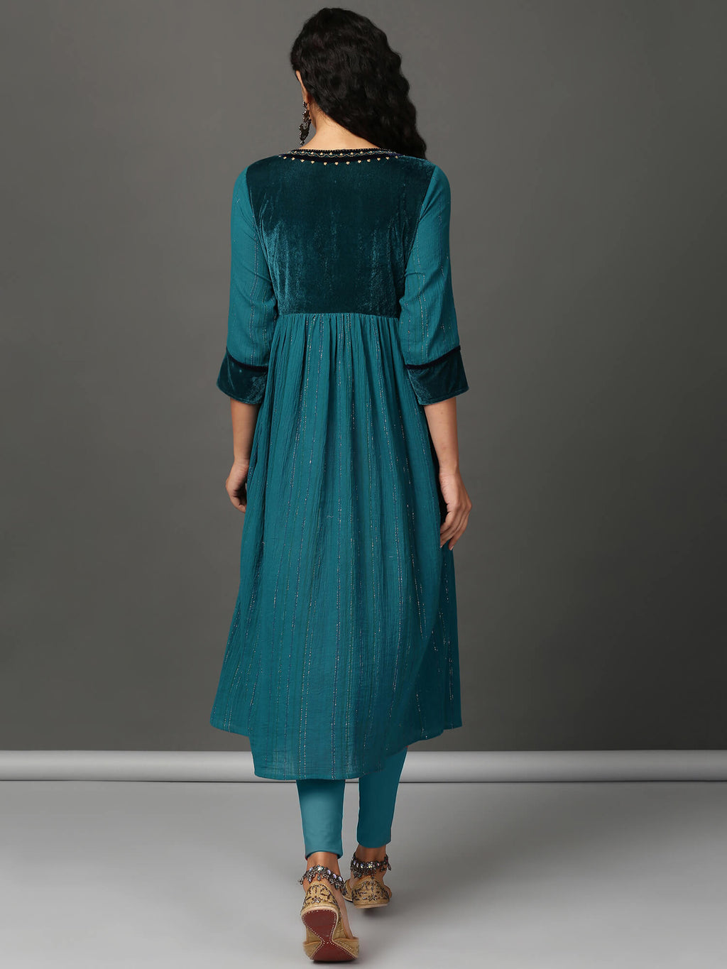 Teal Crinkled Kurta & Churidar Set
