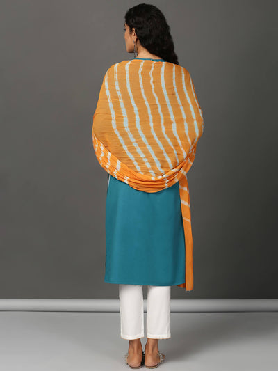 Teal Kurta, White Pants & Leheriya Dupatta Set