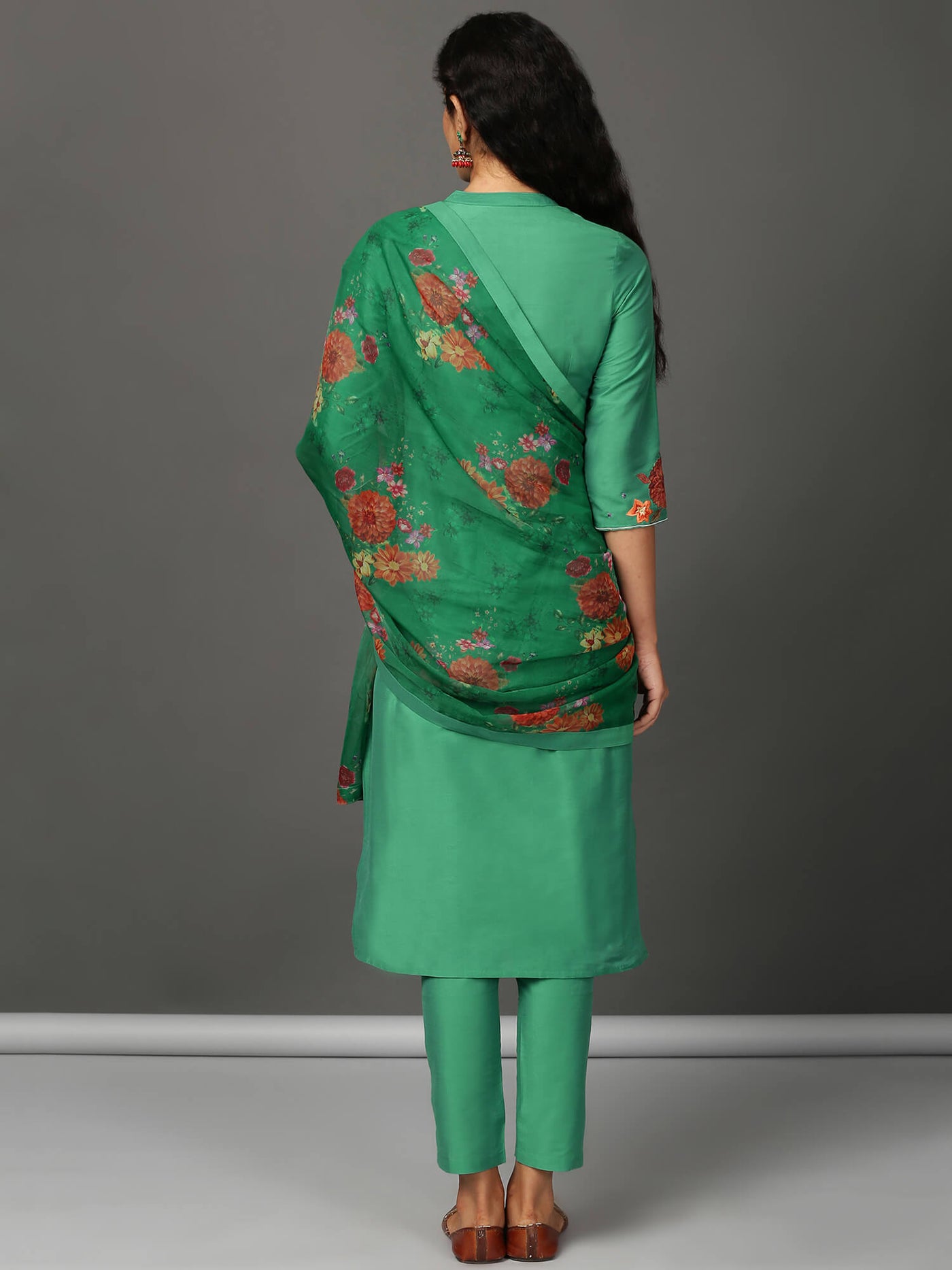 Green Art Silk Kurta, Pants & Dupatta Set