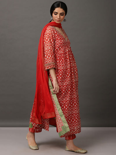 Maroon Ikat A Line Kurta And Pant With Dupatta & Camisole