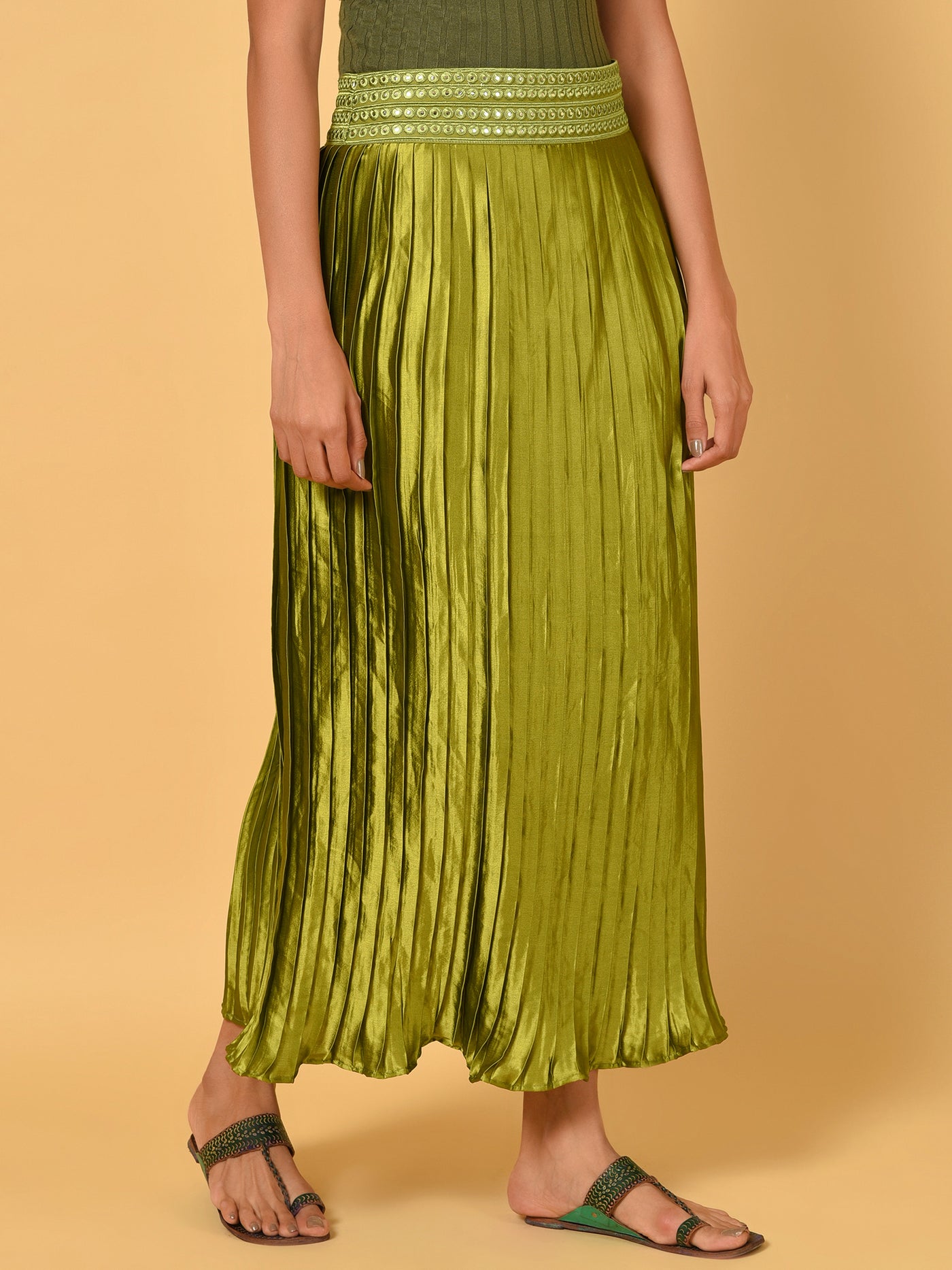 Sway in the Green pleated satin skirt