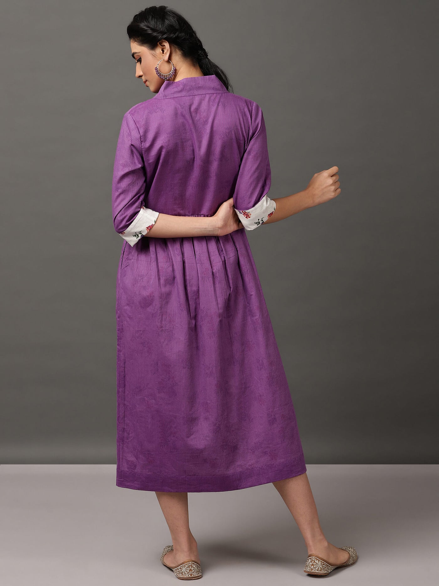 Purple Stripe Yarn Dyed Dress With Off White Printed Yarn Dyed Lining